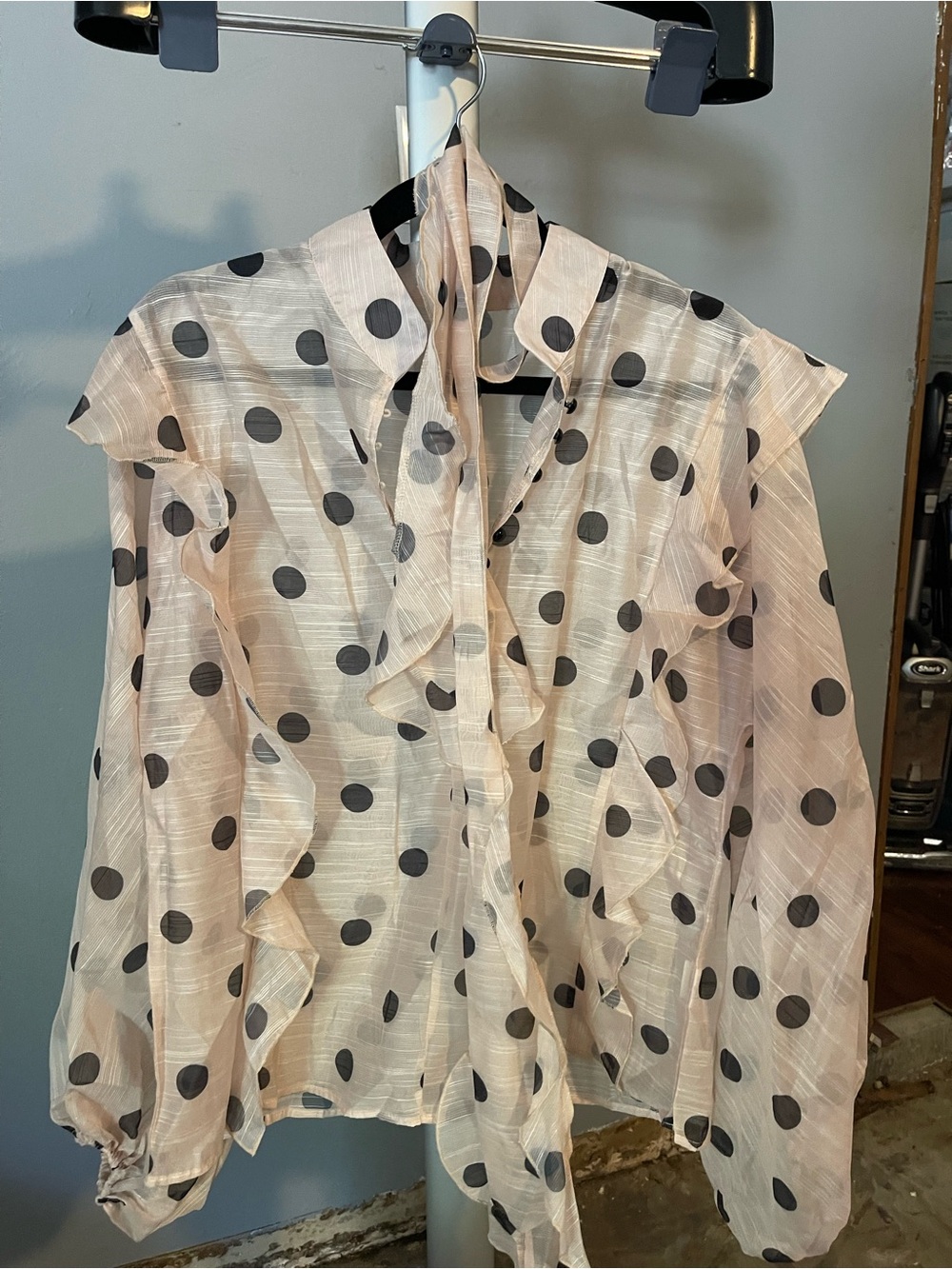 Sheer Polka Dot Ruffle Tie-Neck Blouse - Pink/Black